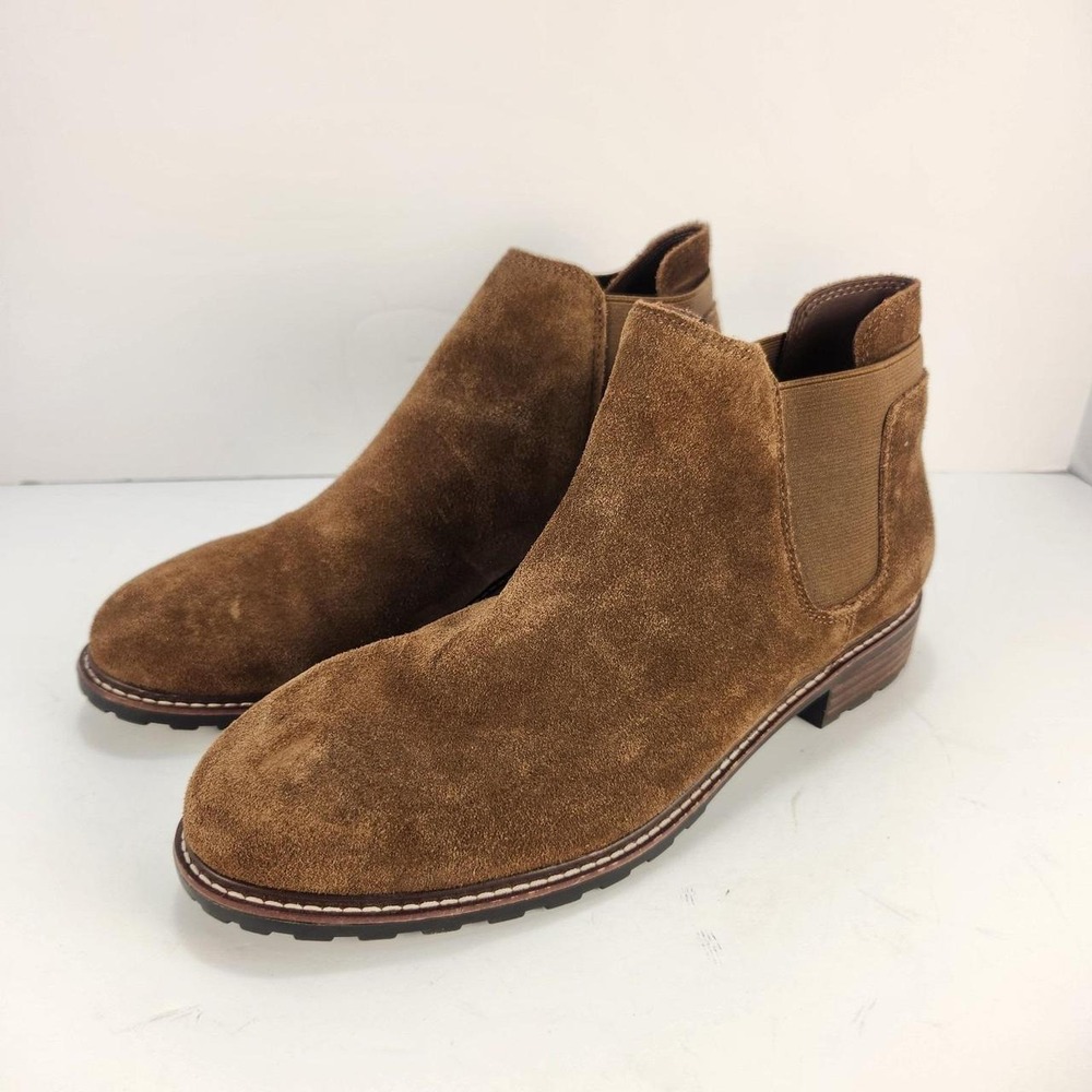 Me Too Women's Size 9.5 Brown Suede Chelsea Ankle Boots Block Heel Lug Sole